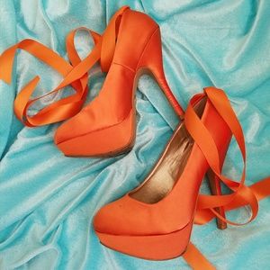 Qupid Orange Satin Anklestrap Pump Stilettos